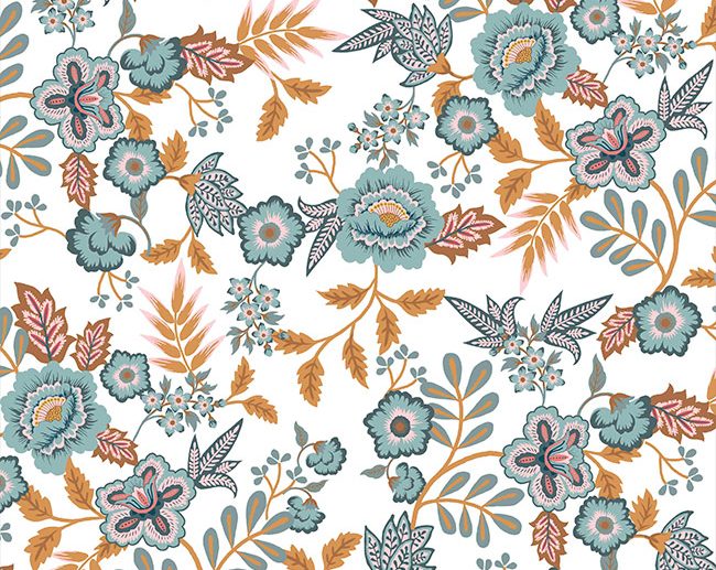 Tecido Floral Flores Folk Branco & Azul | Poppy