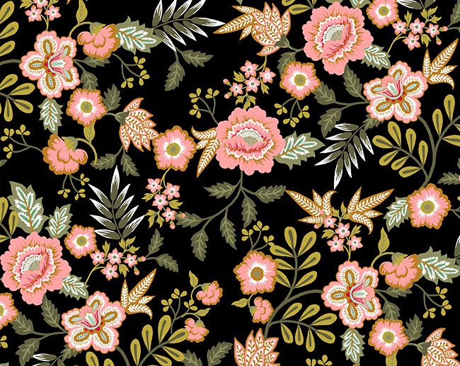 Tecido Floral Flores Folk Preto | Poppy