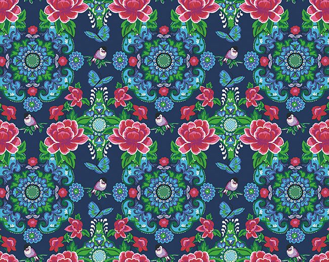 Tecido Floral Folk Arabescos & Passarinhos Azul Marinho/Navy | Poppy