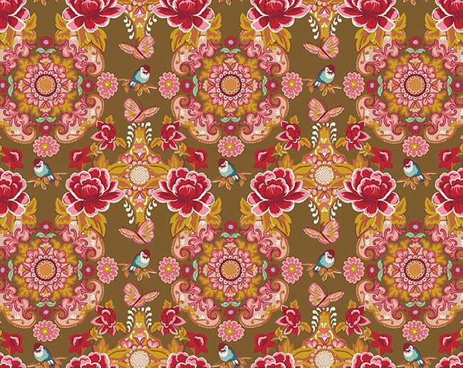 Tecido Floral Folk Arabescos & Passarinhos Castanho Avelã | Poppy