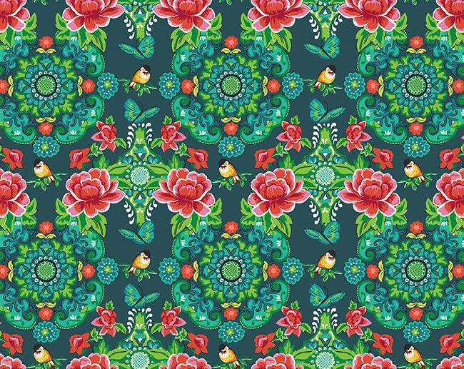 Tecido Floral Folk Arabescos & Passarinhos Verde Joia | Poppy