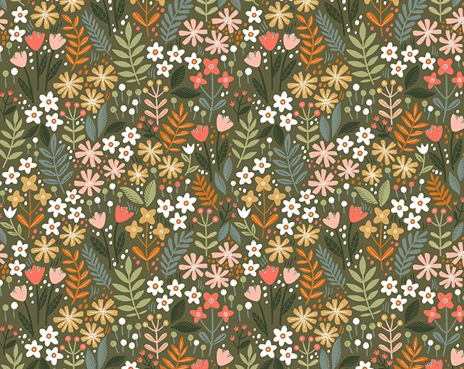 Tecido Floral Jardim Preenchido Verde Tropa/Khaki | Poppy