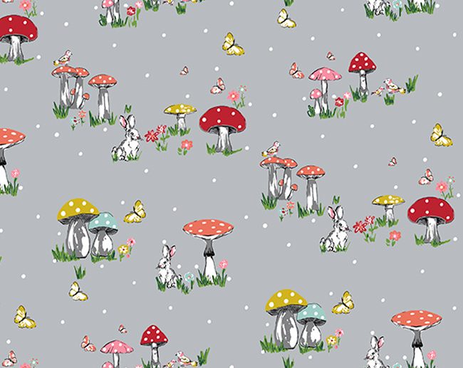 Tecido Floresta Cogumelos & Coelhos Cinza | Poppy