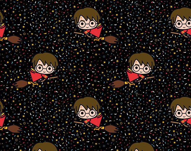 Tecido Harry Potter & Vassoura Nimbus Kawaii Preto