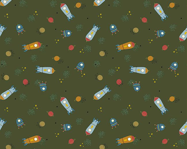 Tecido Oh my Space! Naves & Universo Verde Tropa/Khaki | Poppy