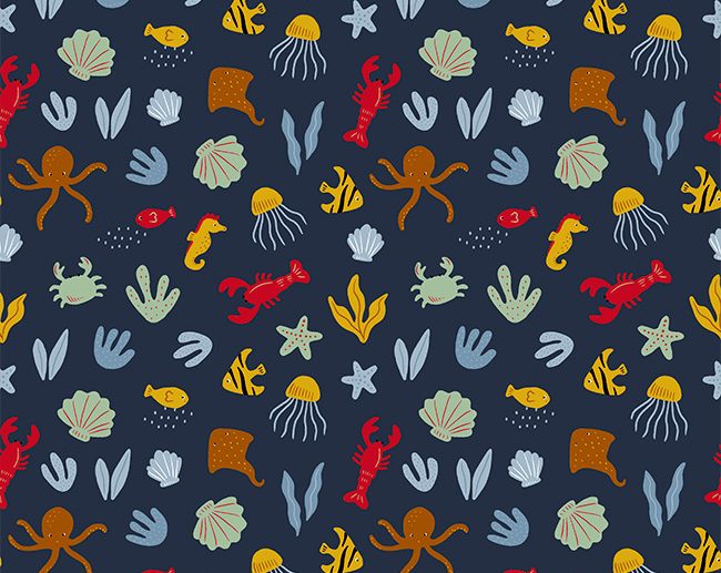 Tecido Under The Sea Fundo do Mar Animais & Conchas Azul Marinho/Navy | Poppy