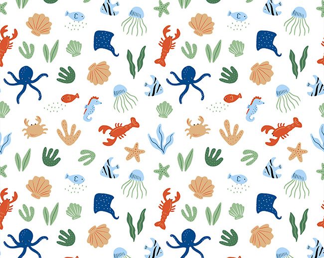 Tecido Under The Sea Fundo do Mar Animais & Conchas Branco | Poppy