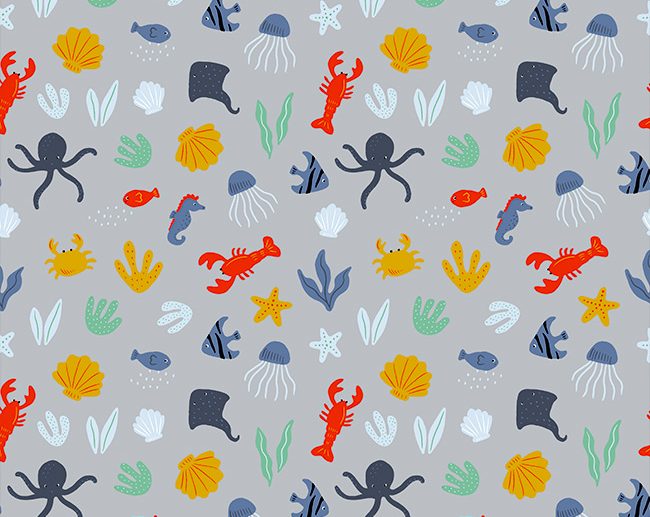 Tecido Under The Sea Fundo do Mar Animais & Conchas Cinza | Poppy