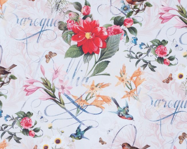 Tecido Impresso Half Panama Vintage Baroque Floral & Pássaros