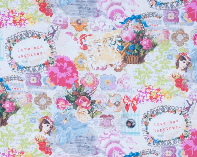 Tecido Vintage Impresso Half Panama Vintage Floral Love and Happiness