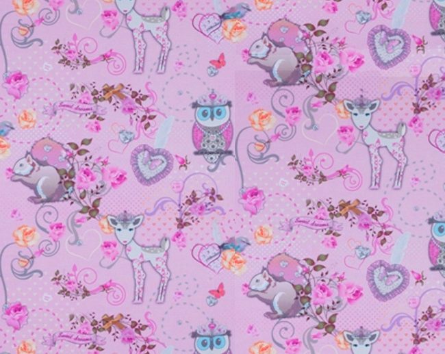 Tecido Vintage Impresso Half Panama Tradicional Animais Floresta Rosa