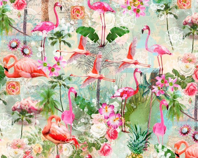 Tecido Vintage Impresso Half Panama Tropical Flamingos & Ananases