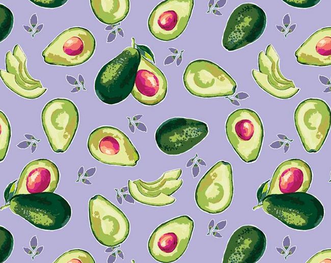 Tecido Lucy June Avocados Pêra Abacate Lilás | Riley Blake