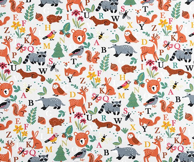 Tecido Abecedário & Animais Floresta Areia Claro