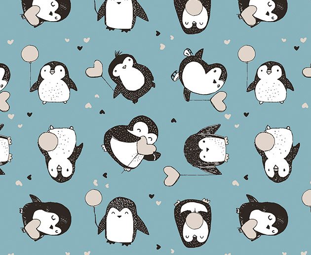 Tecido Pinguim com Balões Corações Azul Gelo