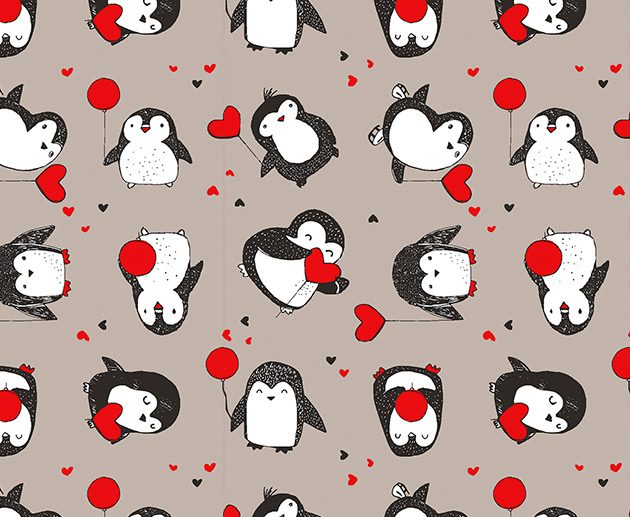 Tecido Pinguim com Balões Corações Vermelhos Cinza